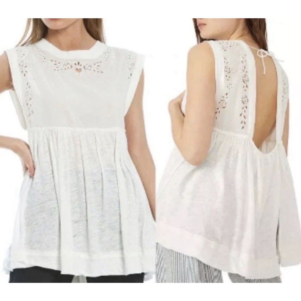 Free People Women's Bella Babydoll Blouse Top Ivory Size Small Linen Cotton Boho